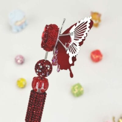 Butterfly Red Half Rhinestone Pen Vintage - Image 3