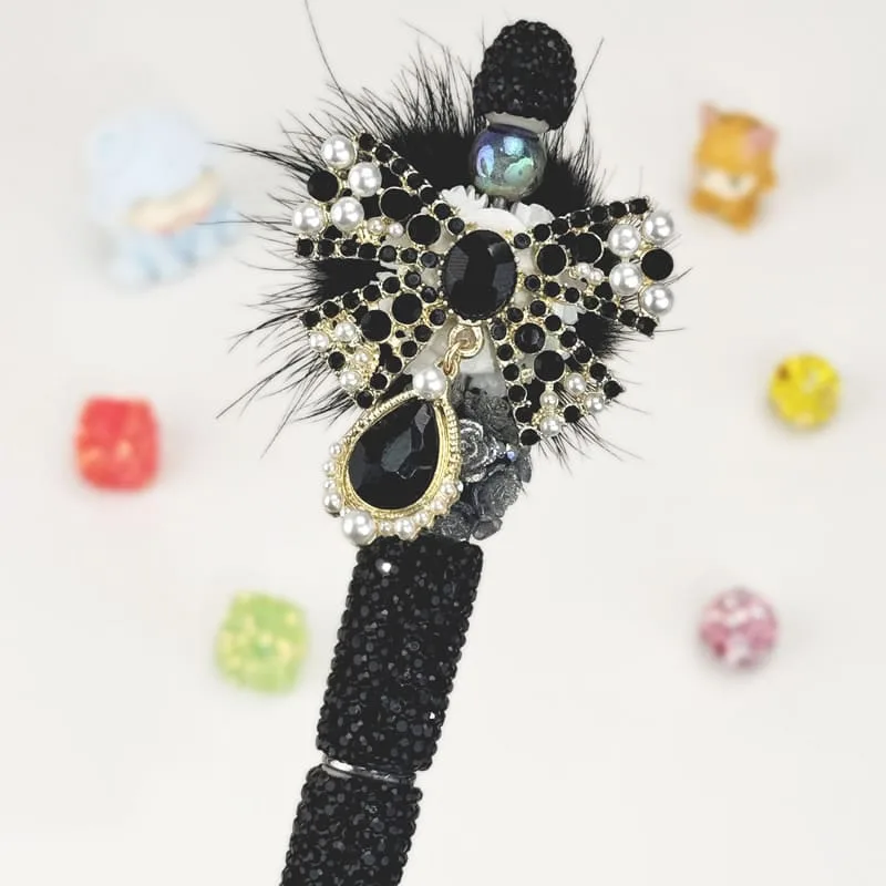 Butterfly With Pom Pom Black Rhinestone Pen Vintage - Image 1