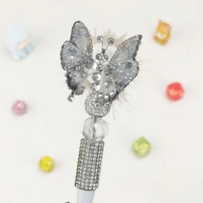 Butterfly With Pom Pom Sliver Half Rhinestone Pen Vintage