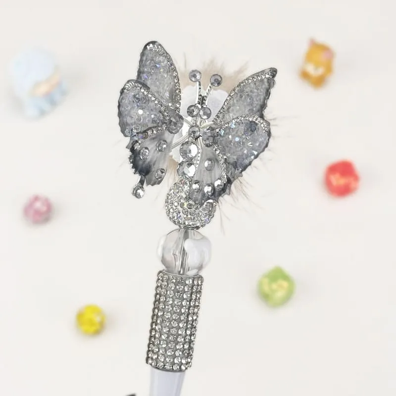 Butterfly With Pom Pom Sliver Half Rhinestone Pen Vintage - Image 1