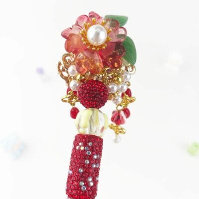 Vintage Red Fattonny Multi-functional Rehinestone Beaded Pen and Keychain - Image 3