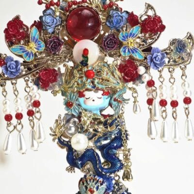 Red&Blue Onyx Chinesestyle Fan with Tassel Pen - Image 4