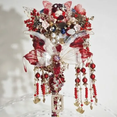 Red&Blue Onyx Style Cyan Chinesestyle Fan with Tassel Pen