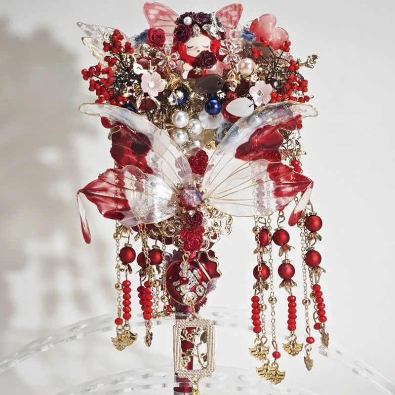 Red&Blue Onyx Style Cyan Chinesestyle Fan with Tassel Pen - Image 1