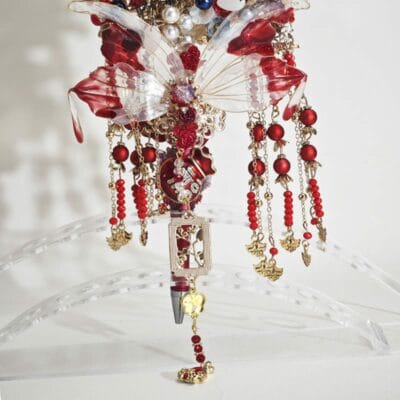 Red&Blue Onyx Style Cyan Chinesestyle Fan with Tassel Pen - Image 3