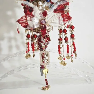 Red&Blue Onyx Style Cyan Chinesestyle Fan with Tassel Pen - Image 3